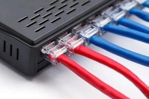 lan nätverksomkopplare med Ethernet-kablar inkopplade foto