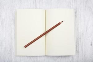 öppen brun anteckningsbok och en penna på vit trä- tabell, topp se foto