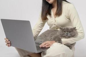 en skott vika ihop härlig katter liggande på ung kvinna hand medan arbetssätt med bärbar dator dator på vit studio bakgrund foto