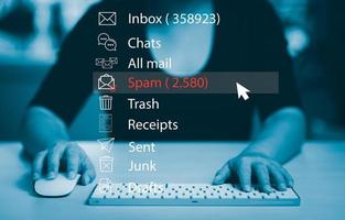 e-post begrepp med bärbar dator skräppost och virus dator övervaka internet säkerhet begrepp, affärskvinna Rör bin post med en bärbar dator. spam, skräp och e-marknadsföring på skärm, skräppost e-post dyka upp varning. foto