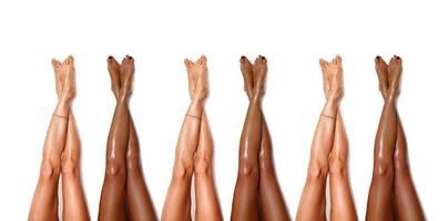 grupp av skön, slät mångfald kvinnors ben efter laser hår avlägsnande. behandling, teknologi begrepp foto