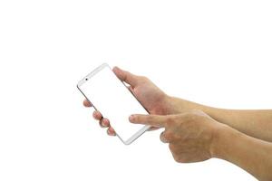hand som håller mobil smart telefon isolerad på vit bakgrund, urklippsbana foto