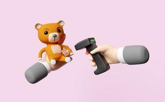 händer innehav streckkod scanner med teddy björn, pris taggar isolerat på rosa bakgrund, 3d illustration eller 3d framställa foto