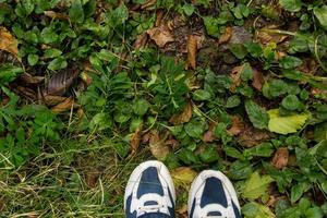kvinna fötter i blå sport skor på jord med gräs foto