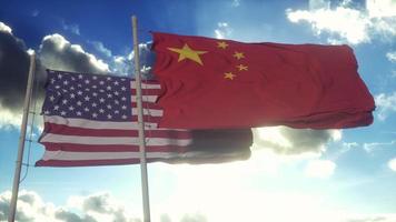 Kina och USA flagga på flaggstång. Kina och förenad stater vinka flagga i vind. Kina och förenad stater diplomatisk begrepp. 3d illustration foto