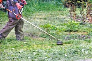 en verktyg arbetstagare klipper gräs med en bensin trimmer mot en grön gräsmatta i fläck. foto