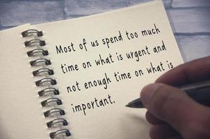 liv inspirera Citat - mest av oss spendera för mycket tid på Vad är brådskande och inte tillräckligt tid på Vad är Viktig. inspirera begrepp foto