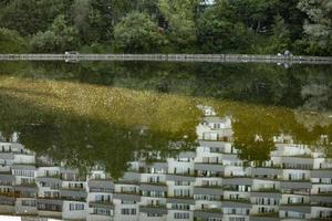 sjö i stad. parkera i sommar. plats till koppla av utanför. foto