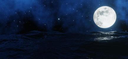 den stora månen lyser bakom havet med stjärnor och moln i bakgrunden. 3d-rendering. foto