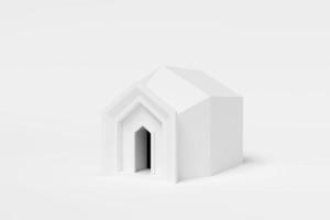 abstrakt vit hus geometrisk form isolera på vit bakgrund. modern arkitektur med tömma byggnad. begrepp byggnad företag. trogen design koncept.3d tolkning foto