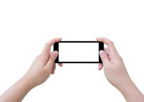 hand som håller smart telefon isolerad på vit bakgrund foto