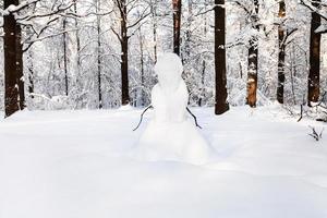 snögubbe på snöig äng i skog parkera i vinter- foto