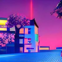fantasi natt stad japansk landskap, neon ljus, foto