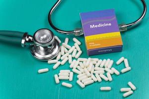 hälsa vård medicinsk och sjukdom begrepp. piller och medicinsk Utrustning bakgrund med en läkemedel låda falsk skriva medicin. foto