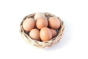 ägg i korg isolerat på vit bakgrund foto