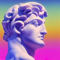 grekisk Gud skulptur i retrowave stad pop- design, vaporwave stil färger, 3d tolkning foto