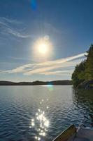 en sjö i Sverige i smalland. blå vatten, solig himmel, grön skogar. avslappning foto
