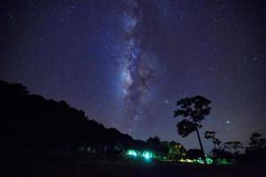 landskap mjölkig sätt galax med stjärna och Plats damm i de universum, lång exponering fotografera, med spannmål. foto