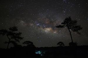 mjölkig sätt galax och silhuett av träd med moln på phu hin rong kla nationell park, phitsanulok thailand foto