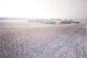 i Bayerns vinter- landskap, en biogas växt står Bakom ett övergiven fält med torr gräs mellan snö foto