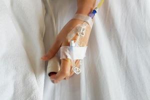 närbild av patient hand med infusion nål och iv rör för intravenös infusion tryckande nödsituation knapp på säng. foto