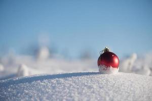 röd jul boll i färsk snö foto