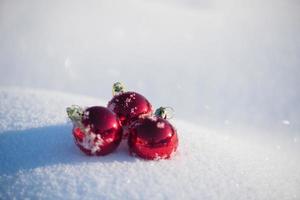 röd jul boll i färsk snö foto