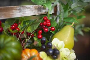 grönsaker från trädgård. höst skörda. friska mat med vitaminer. färsk frukt samlade in i korg. foto