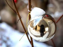 silver- jul struntsak boll med en person reflexion hängande på snö täckt vild druva vinstockar utomhus i vinter- snö foto