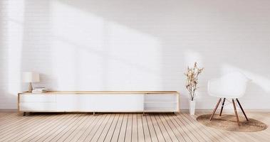 TV-skåp i loft interiör vit tegelvägg rum minimal design, 3D-rendering foto