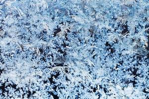 snöflingor och frost mönster på glas stänga upp foto