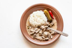 äter av nötkött stroganoff maträtt från tallrik på vit foto