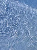 defokusering suddig transparent blå färgad klar lugna vatten yta textur med stänk och bubbla. trendig abstrakt natur bakgrund. vatten Vinka i solljus med kopia Plats. blå vattenfärg lysande. foto