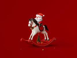 3d illustration av santa claus ridning gungande häst på röd bakgrund foto