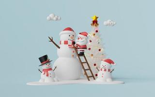 santa claus modellering snögubbe nära jul träd, 3d illustration foto