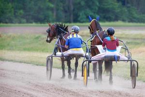kvinnor jockeys promenad deras hästar på vagnar på en sommar dag. foto