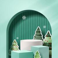 podium för visa produkt display.winter jul dekoration på grön bakgrund med träd jul. 3d vektor foto