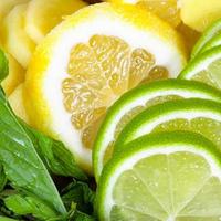 skivor av färsk limefrukter, citroner och ingefära med mynta foto