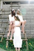 tre charmig flickor på en stege nära en trä- hus foto