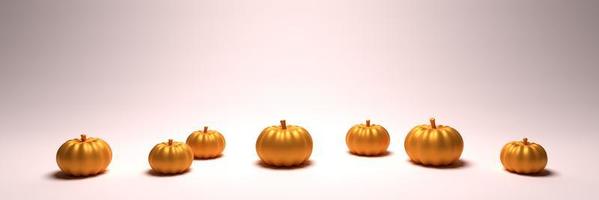 realistisk guld pumpa på vit bakgrund. tacksägelse halloween baner med de pumpa falla. 3d tolkning illustration. foto