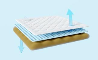 3d 3 skiktad ark material madrass med mjuk svamp, tyg, sudd, pil isolerat på blå bakgrund. minimal abstrakt, 3d framställa illustration, klippning väg foto