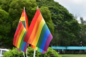 regnbåge flaggor, symbol av HBTQ kön mångfald, som visar i främre av gräs domstol av skola lekplats, suddig byggnad bakgrund, begrepp för HBTQ fester i stolthet månad, juni, över de värld. foto