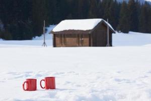 två röd kupper av varm te dryck i snö på vinter- foto