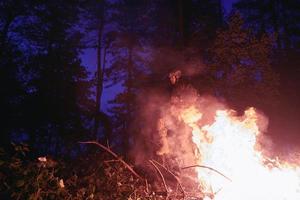 soldat i verkan på natt Hoppar över brand foto