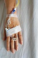 hand av patient med dropper infusion nål för intravenös infusion i närbild. foto