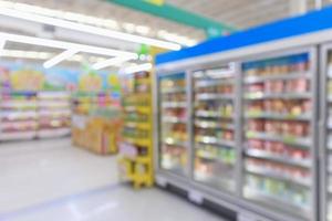stormarknad kommersiella kylskåp frys visar frysta livsmedel abstrakt oskärpa bakgrund foto