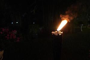 närbild fackla och eld i nattträdgården. foto