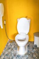 gul toalett rum med spola toalett, tash och toalett papper inuti Det. detta är belägen i de trädgård. foto