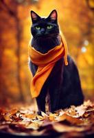 en katt bär en scarf i ett höst skog. foto