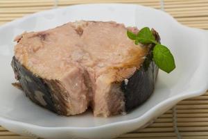konserverad tonfisk på de tallrik och trä- bakgrund foto